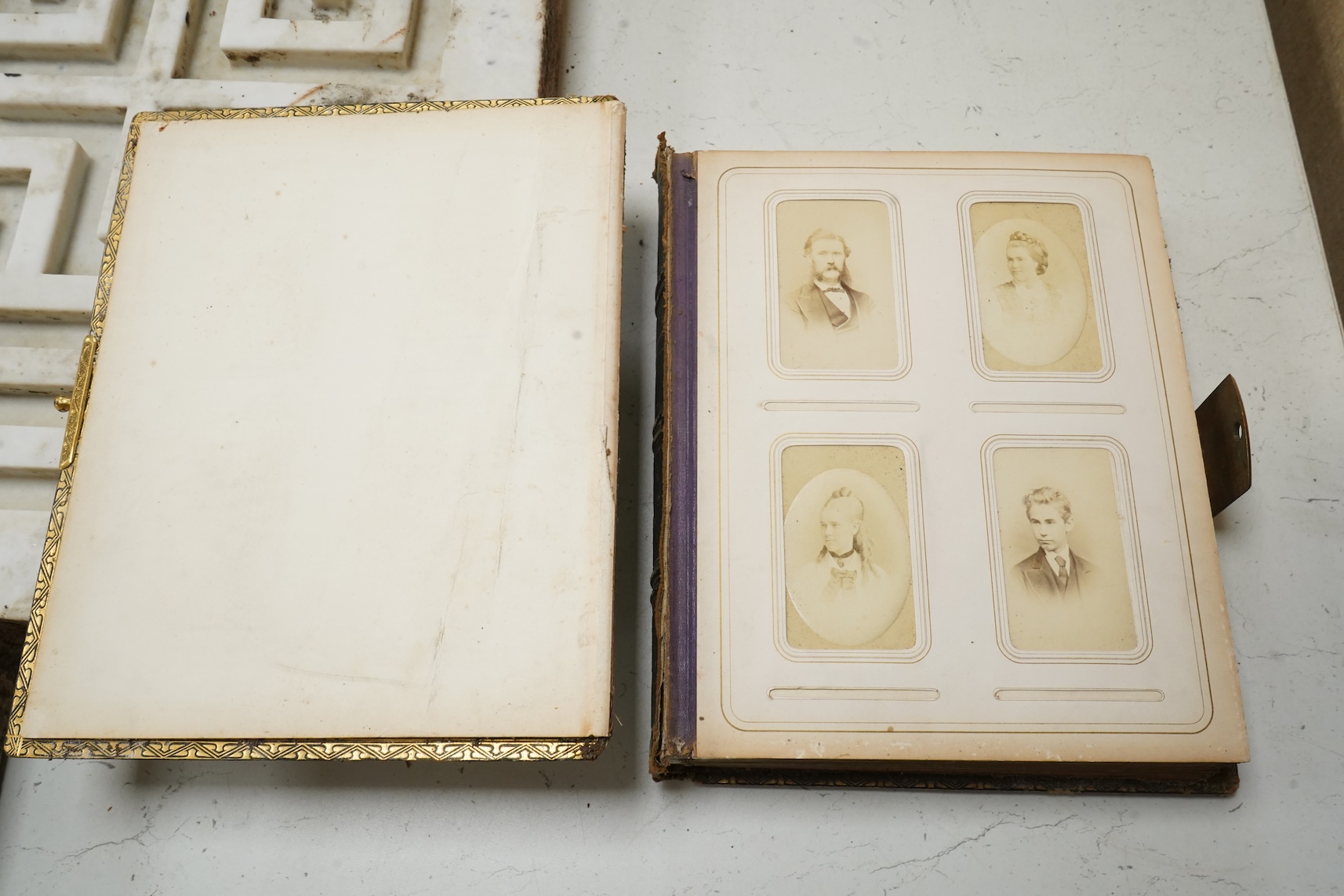 A Victorian malachite mounted amboyna family photograph album, 23cm x 30cm